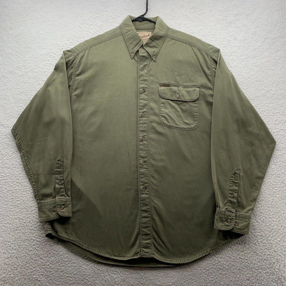 Woolrich Button Up Shirt Mens Large L Outdoors Hiking Camping Workwear Dad Green